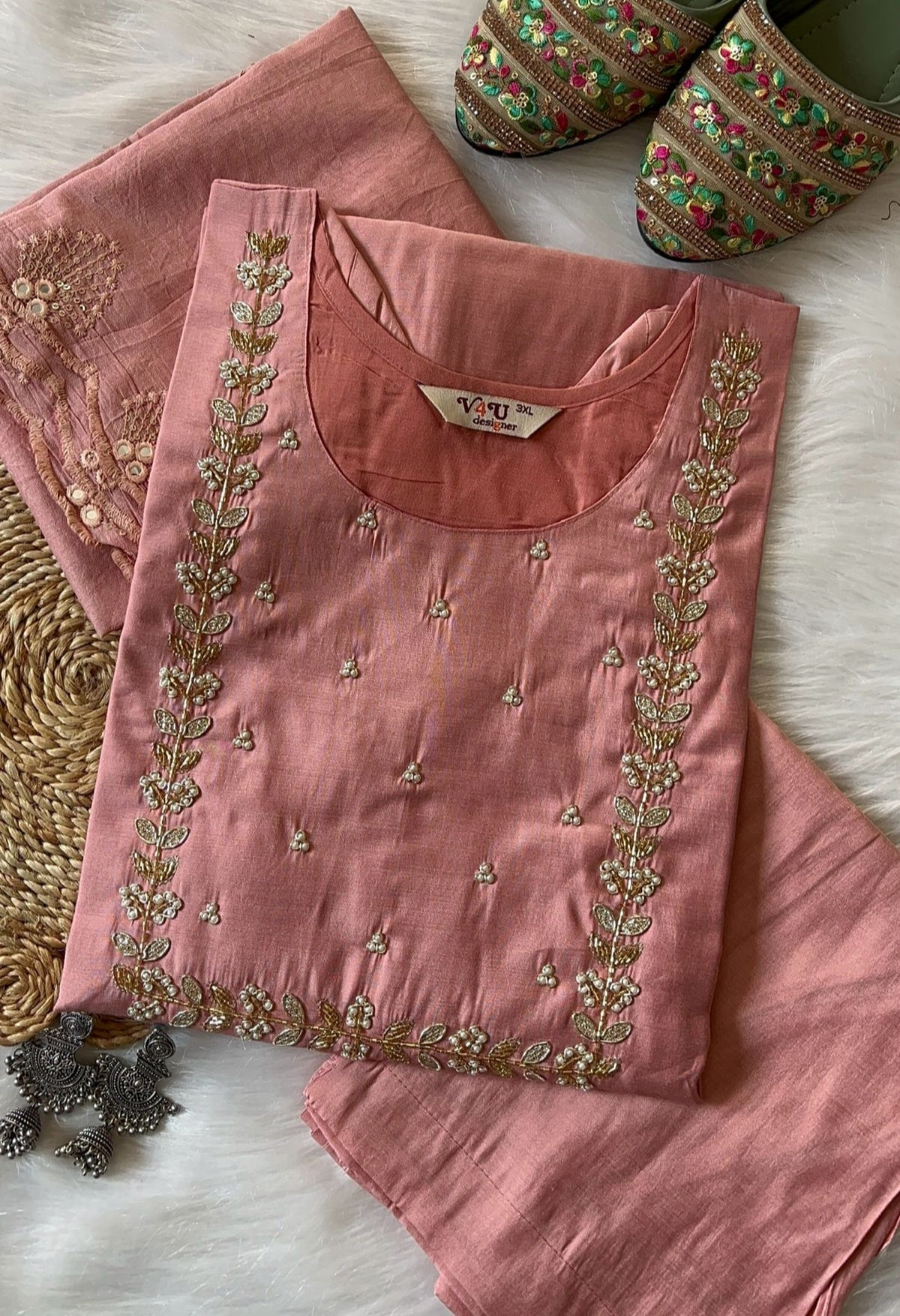 Handwork at Neck gotta Patti Pearl Dola Silk Kurta Dupatta Bottom Set in Germany