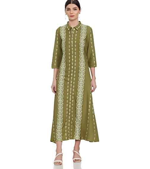 Woman Rayon Olive Green A-Line Long Dress Maxi in Germany