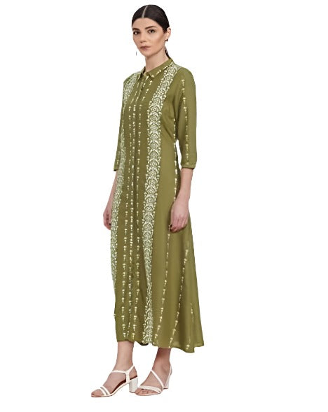 Woman Rayon Olive Green A-Line Long Dress Maxi in Germany