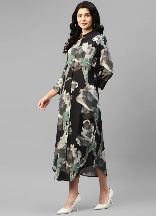 BLACK ABSTRACT VISCOSE RAYON WOMEN'S SHIRT DRESS