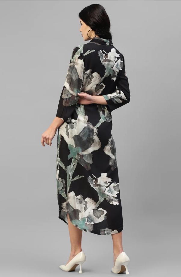 BLACK ABSTRACT VISCOSE RAYON WOMEN'S SHIRT DRESS