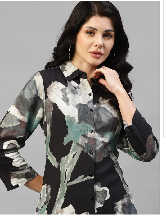 BLACK ABSTRACT VISCOSE RAYON WOMEN'S SHIRT DRESS