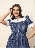 INDIGO STRIPED WITH SCHIFFLI EMBROIDERED TIERED LAYERED WOMEN DRESS in Munich