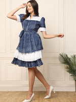 INDIGO STRIPED WITH SCHIFFLI EMBROIDERED TIERED LAYERED WOMEN DRESS in Munich