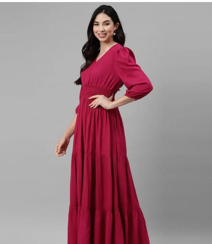 SOLID SMOCKED TIERED MAXI DRESS in Berlin