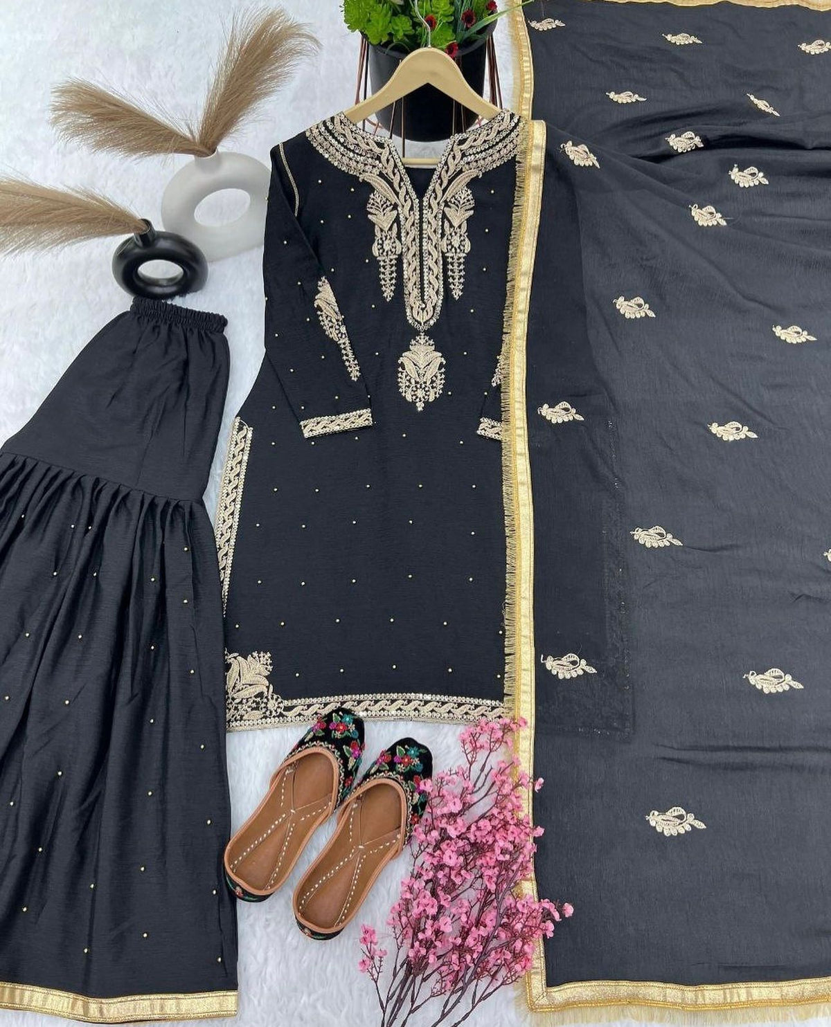 Gorgeous Black Chinon Silk With Sequence Work Sharara Suit With Dupatta in Germany
