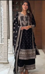 Grand Black Color Chinnon Silk Embroidery Sequence Plazzo Suit in Germany