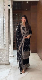 Grand Black Color Chinnon Silk Embroidery Sequence Plazzo Suit in Germany