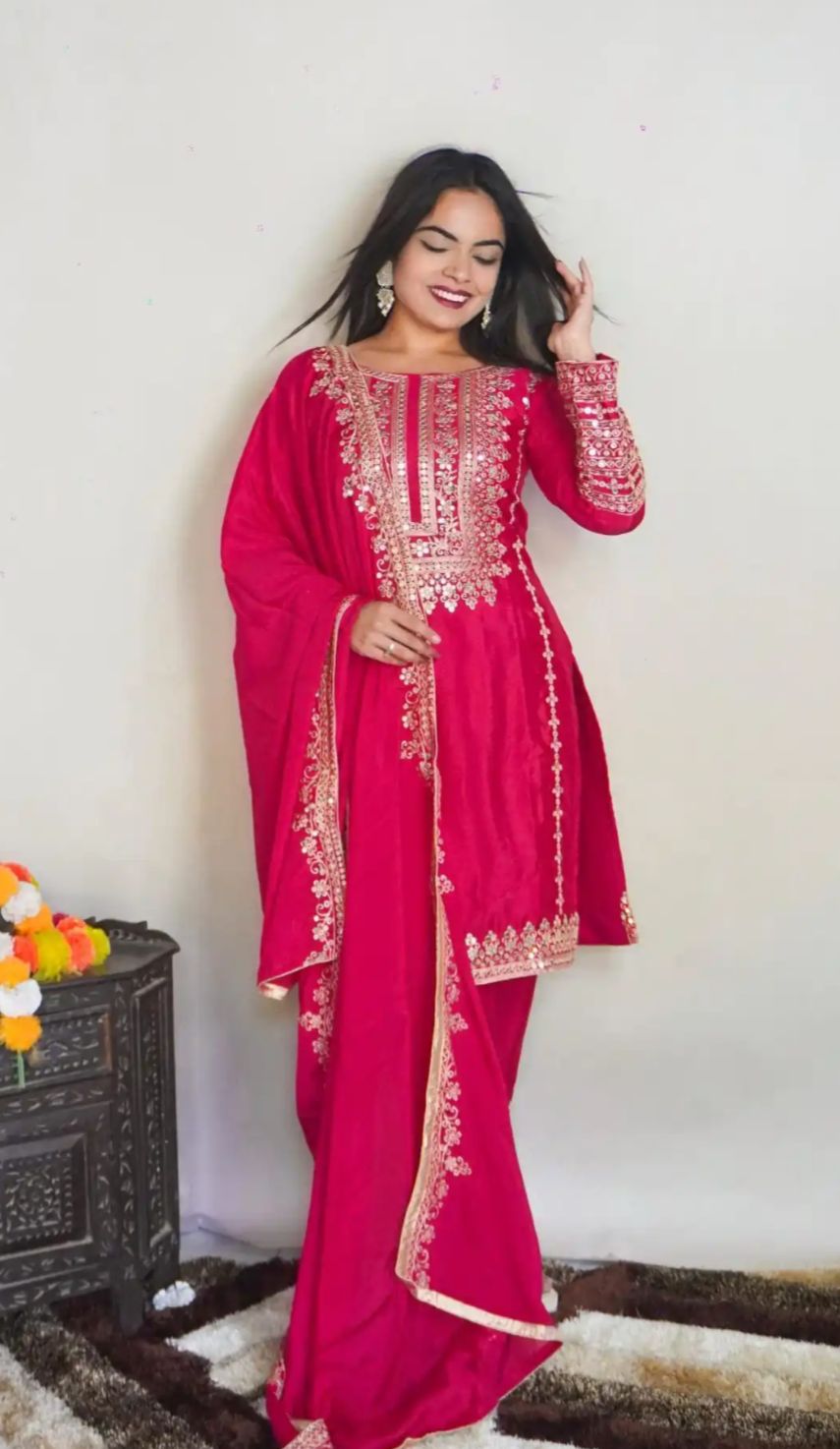 Elegant Pure Chinnon Silk Embroidery Pant Suit in Essen