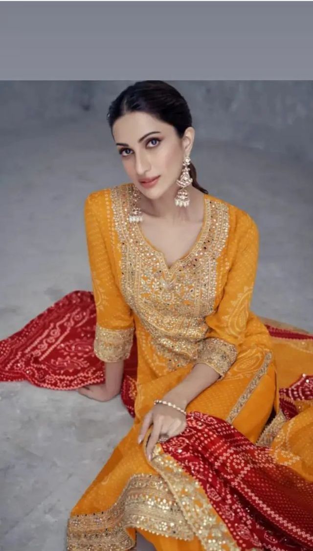 Mustard Mirror Embroidered Chinon Kurta Set in Germany