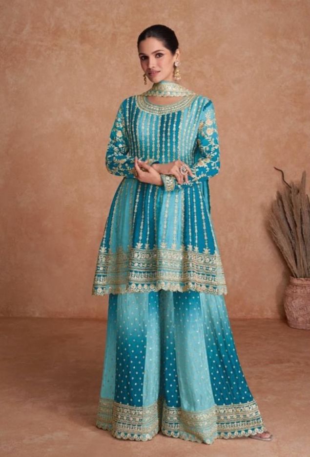 Embroidered Chinon Silk Pakistani Suit in Blue in Munich