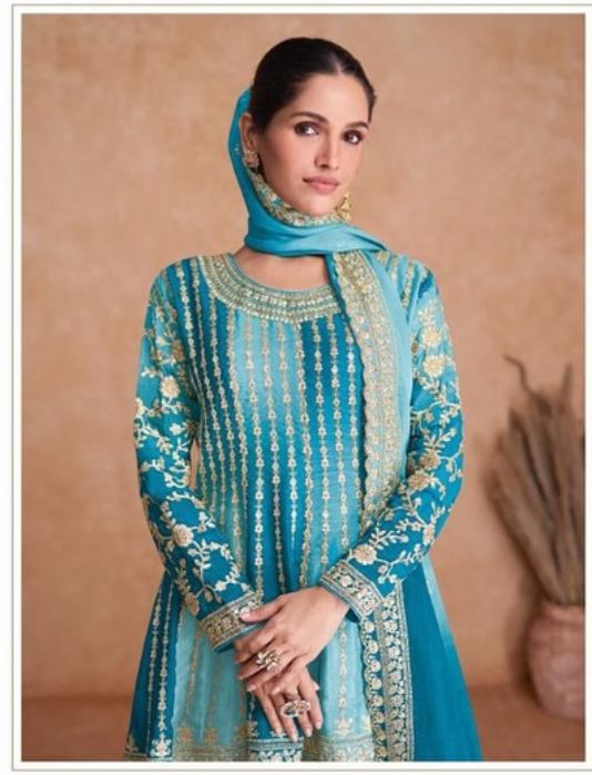 Embroidered Chinon Silk Pakistani Suit in Blue in Munich