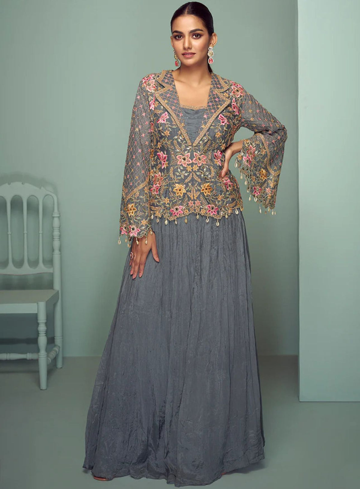 Embroidered Chinon Silk Sharara Suit in Grey in Germany