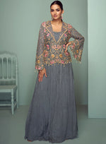 Embroidered Chinon Silk Sharara Suit in Grey in Germany