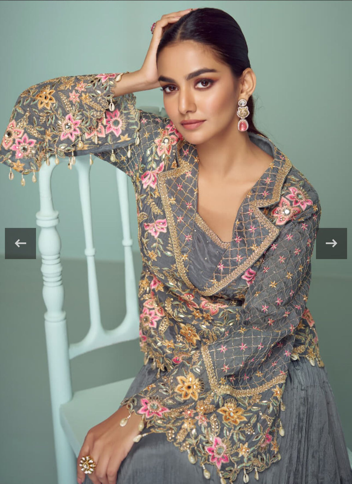 Embroidered Chinon Silk Sharara Suit in Grey in Germany
