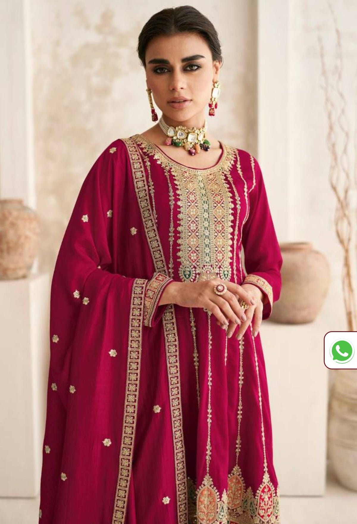 Rani Pink Thread Sequin Embroidered Silk Kurta Set in Munich