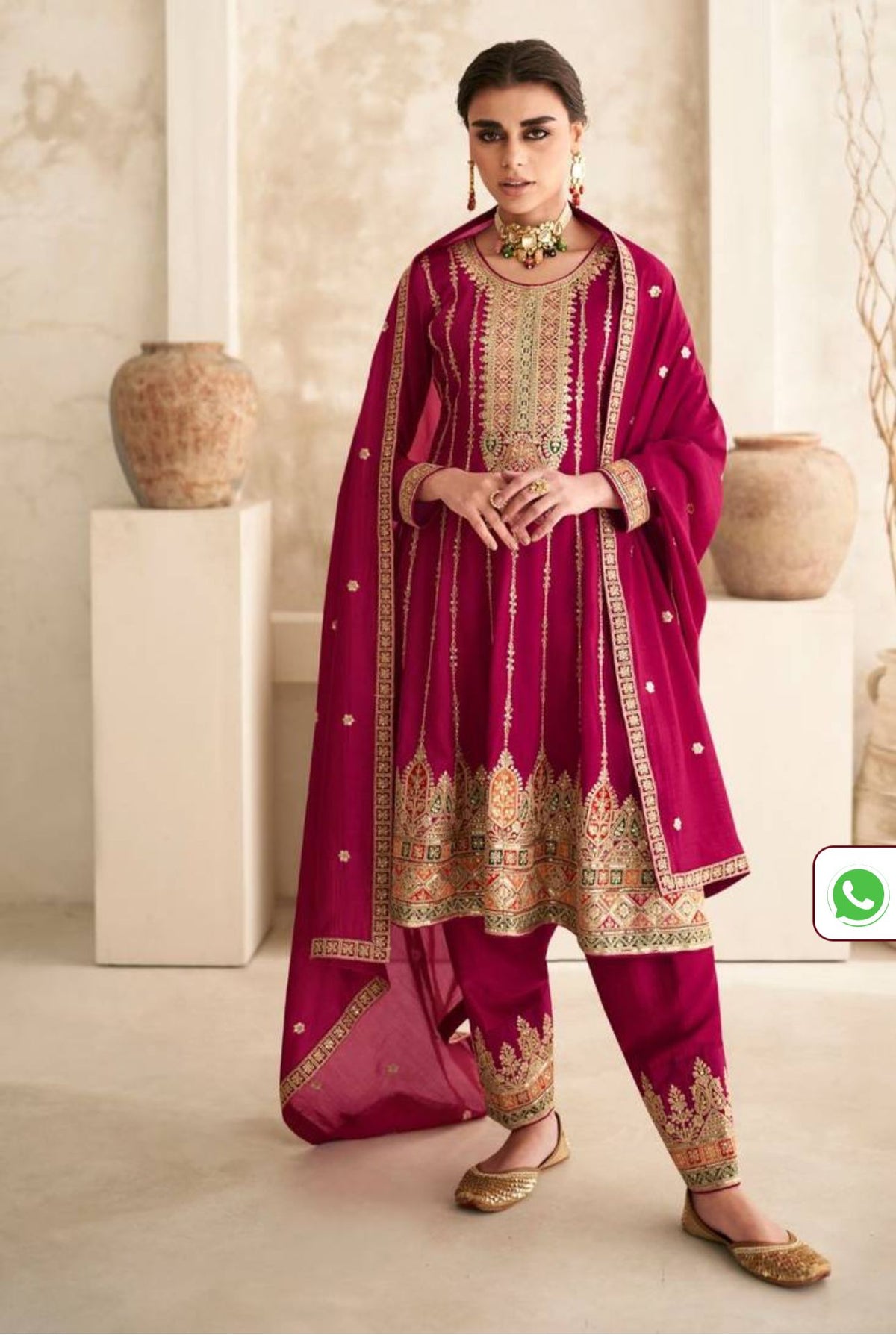 Rani Pink Thread Sequin Embroidered Silk Kurta Set in Munich