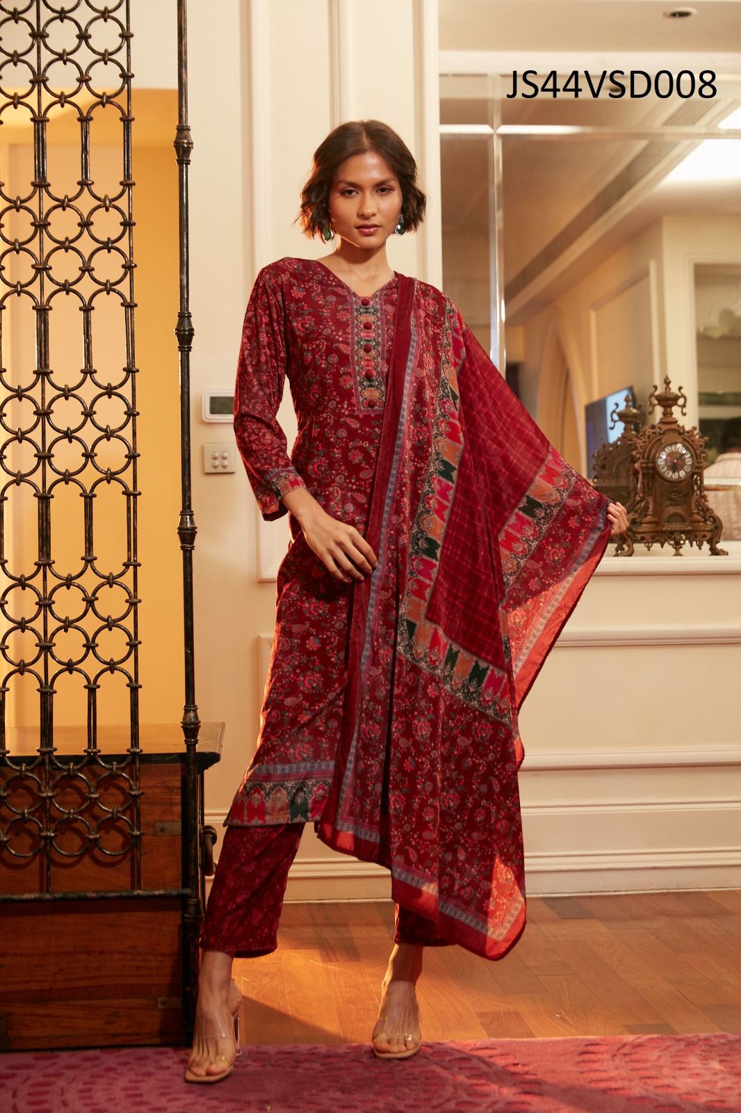 Printed Velvet Straight Kurta With Dupatta in Poland