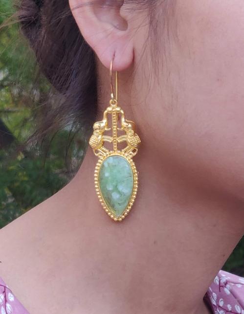 Premium Quality German Silver Gold Plated Designer Party wear Drop Shape Green Stone Elephant Stud Dangler Earring in Germany