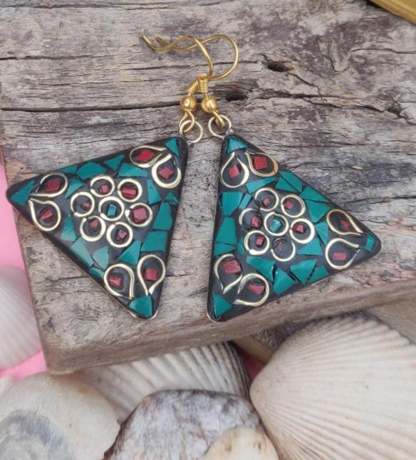 Handcrafted Handmade Antique Multicolor Triangle Shaped Laq Earrings in Berlin