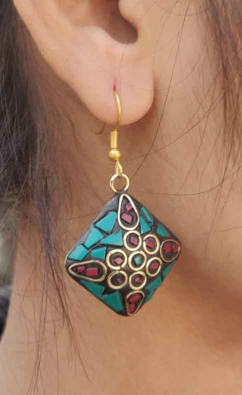 Handcrafted Handmade Antique Multicolor Kite Shaped Laq Earrings in Germany