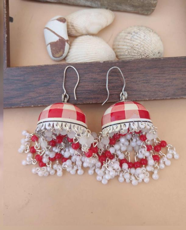 Handmade Handpainted Cheque Meenakari Work Brass Jhumki in Berlin