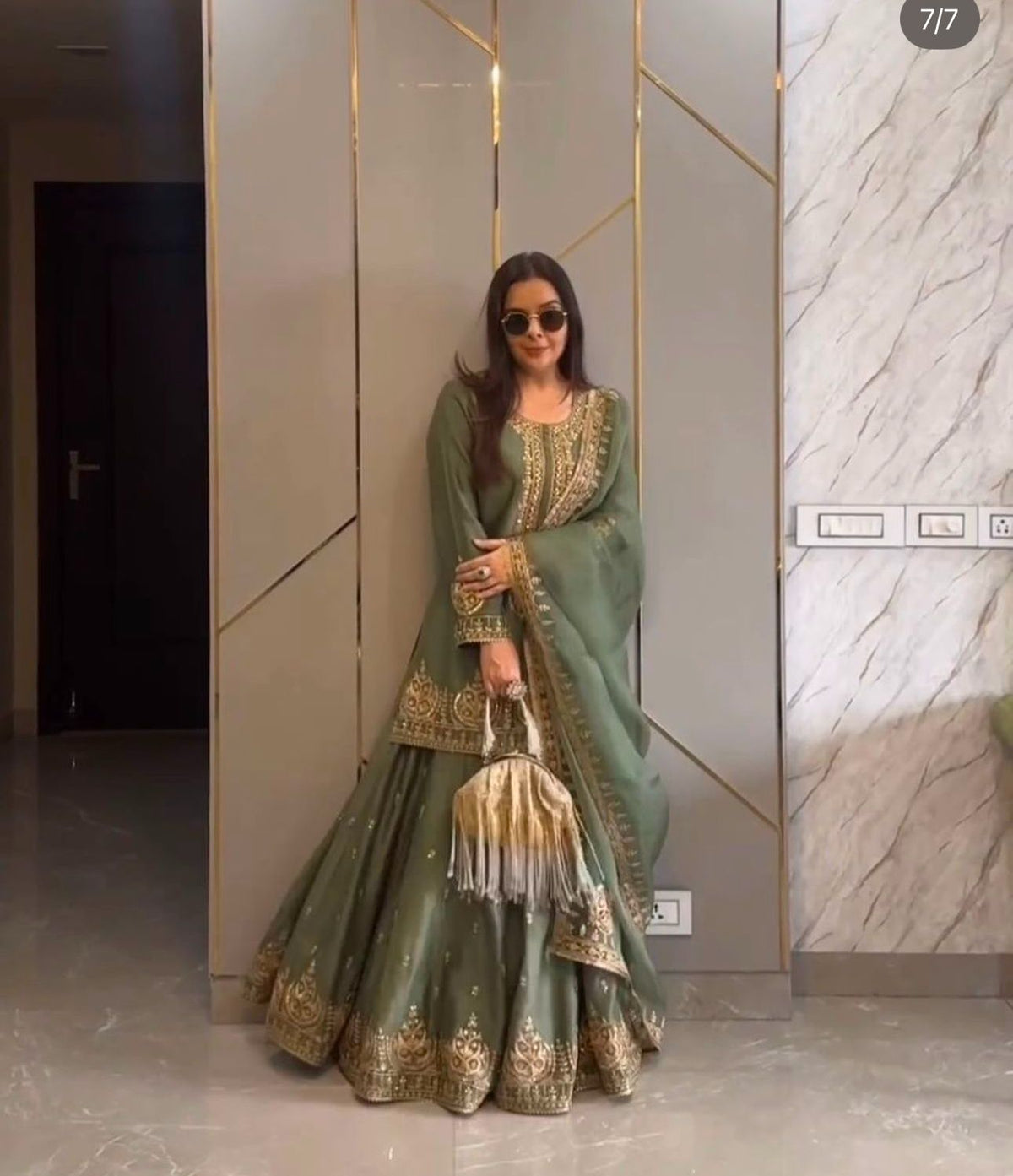 Embroidered Chinon Silk Top Bottom Dupatta Sharara Set, Pista Green in Germany