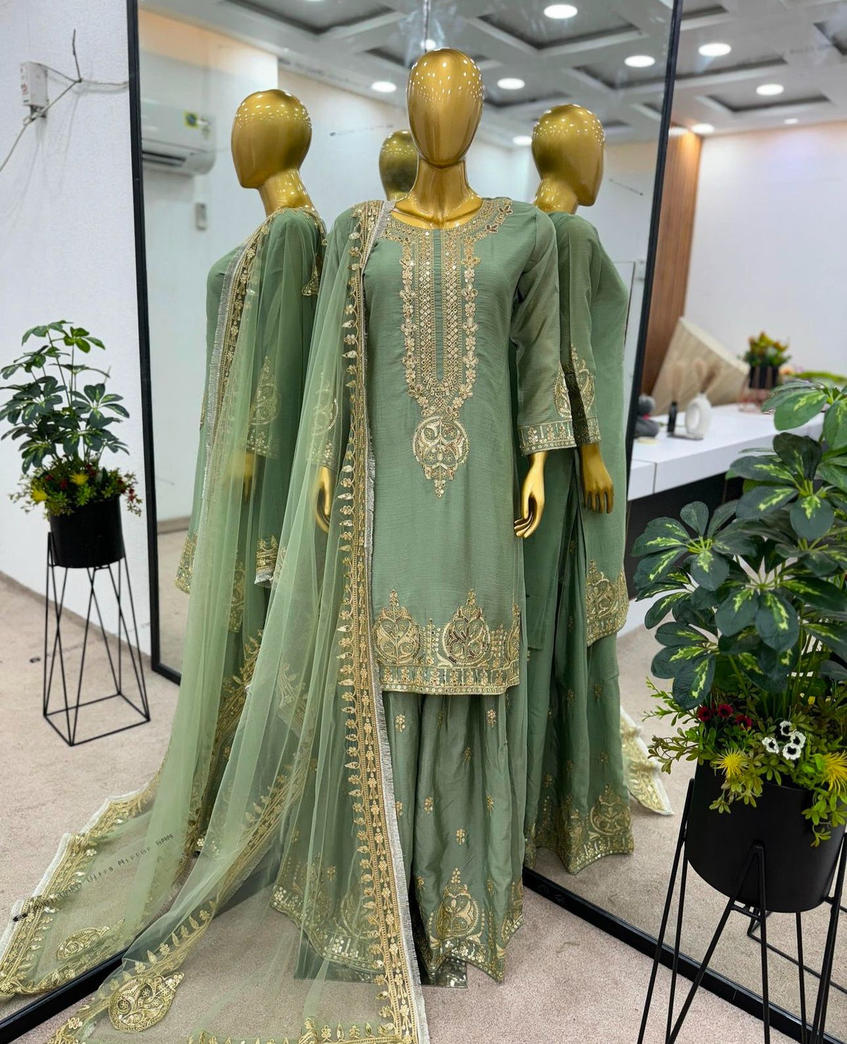 Embroidered Chinon Silk Top Bottom Dupatta Sharara Set, Pista Green in Germany
