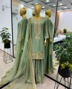 Embroidered Chinon Silk Top Bottom Dupatta Sharara Set, Pista Green in Germany