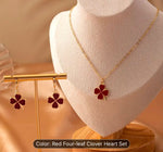 Red Four Leaf Clover Opal Pendant Necklace & Earrings Jewelry Set in Berlin