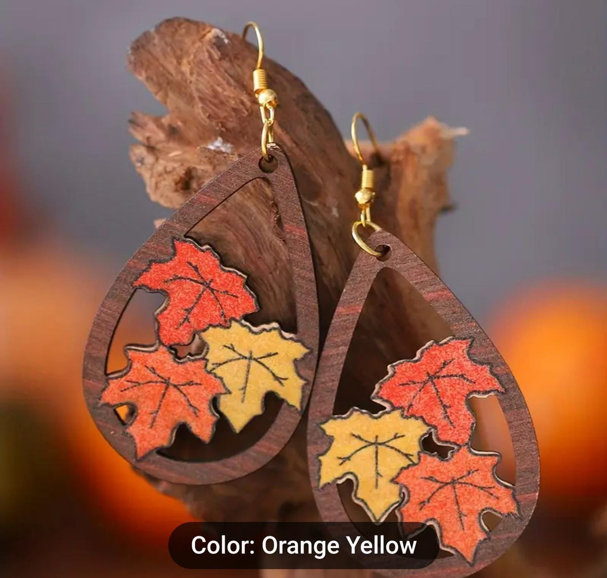 Wooden Pumpkin Maple Leaf Dangle Drop Earrings in Berlin
