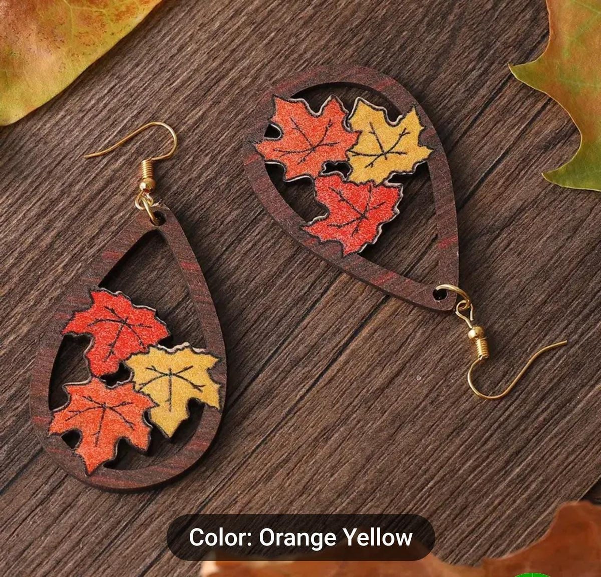 Wooden Pumpkin Maple Leaf Dangle Drop Earrings in Berlin