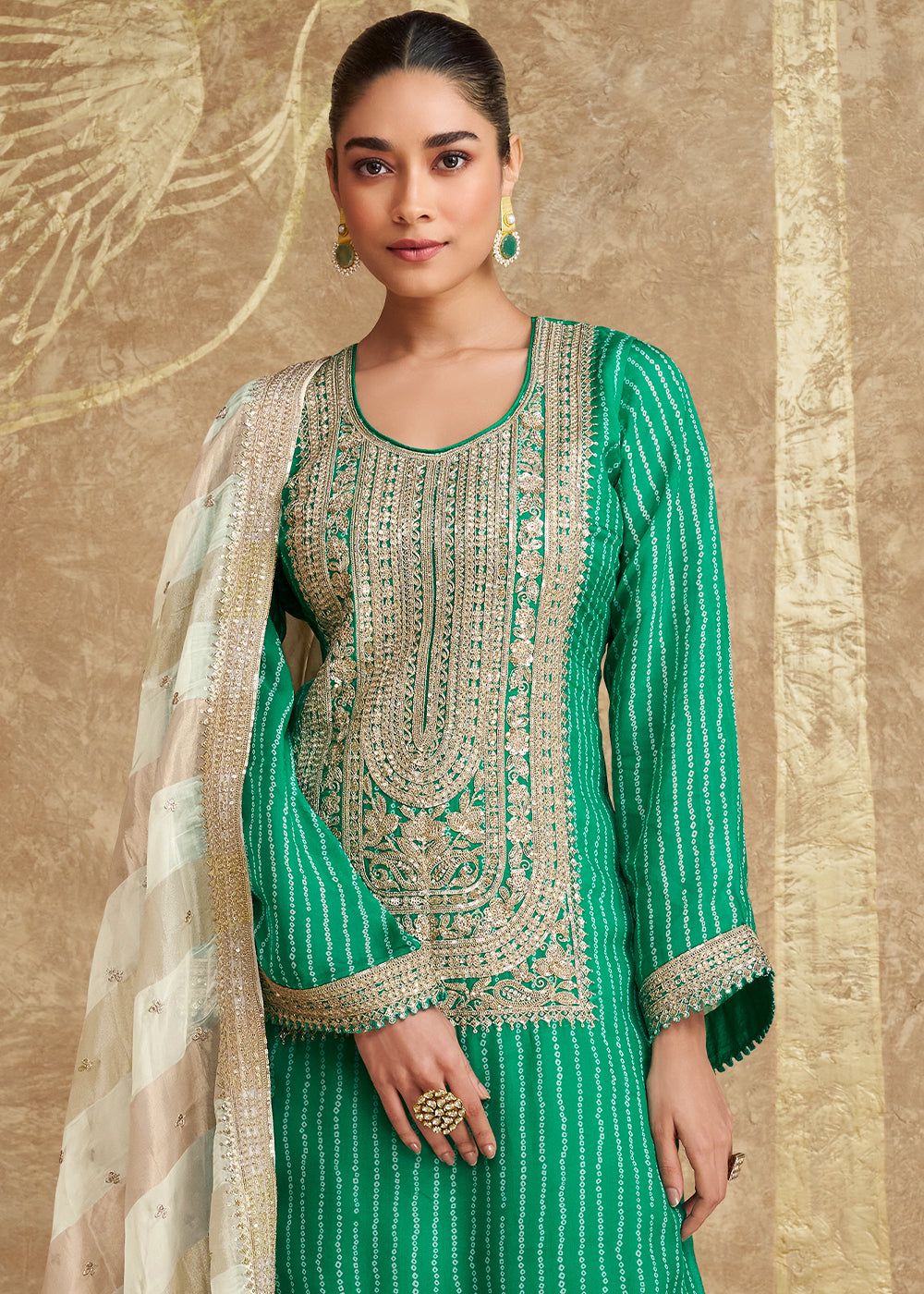 Green Chinon Silk Embellished Sequins Suit Set in Germany