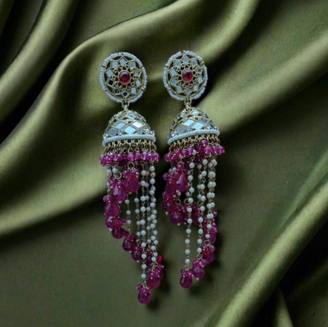 Premium Unique Mirror And Beads Jhumki Earrings in Germany