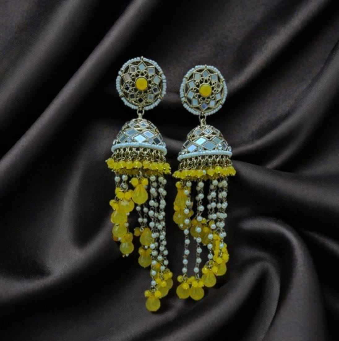 Premium Unique Mirror And Beads Jhumki Earrings in Germany