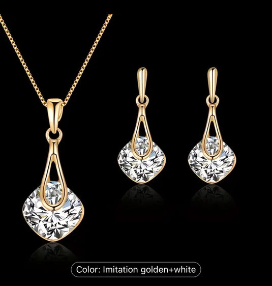 Water Drop Pendant Square Rhinestone Ear Stud Earrings Necklace in Berlin