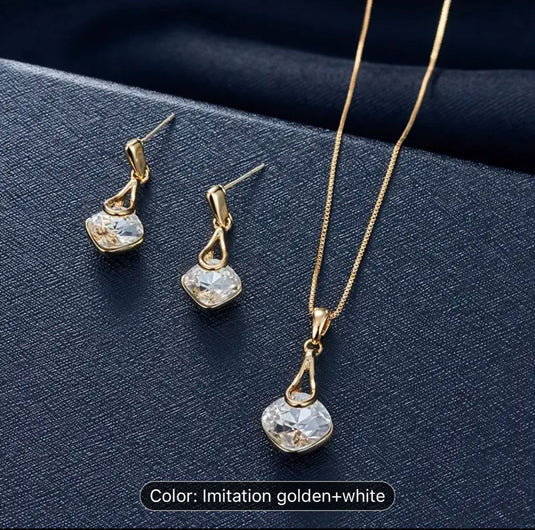 Water Drop Pendant Square Rhinestone Ear Stud Earrings Necklace in Berlin