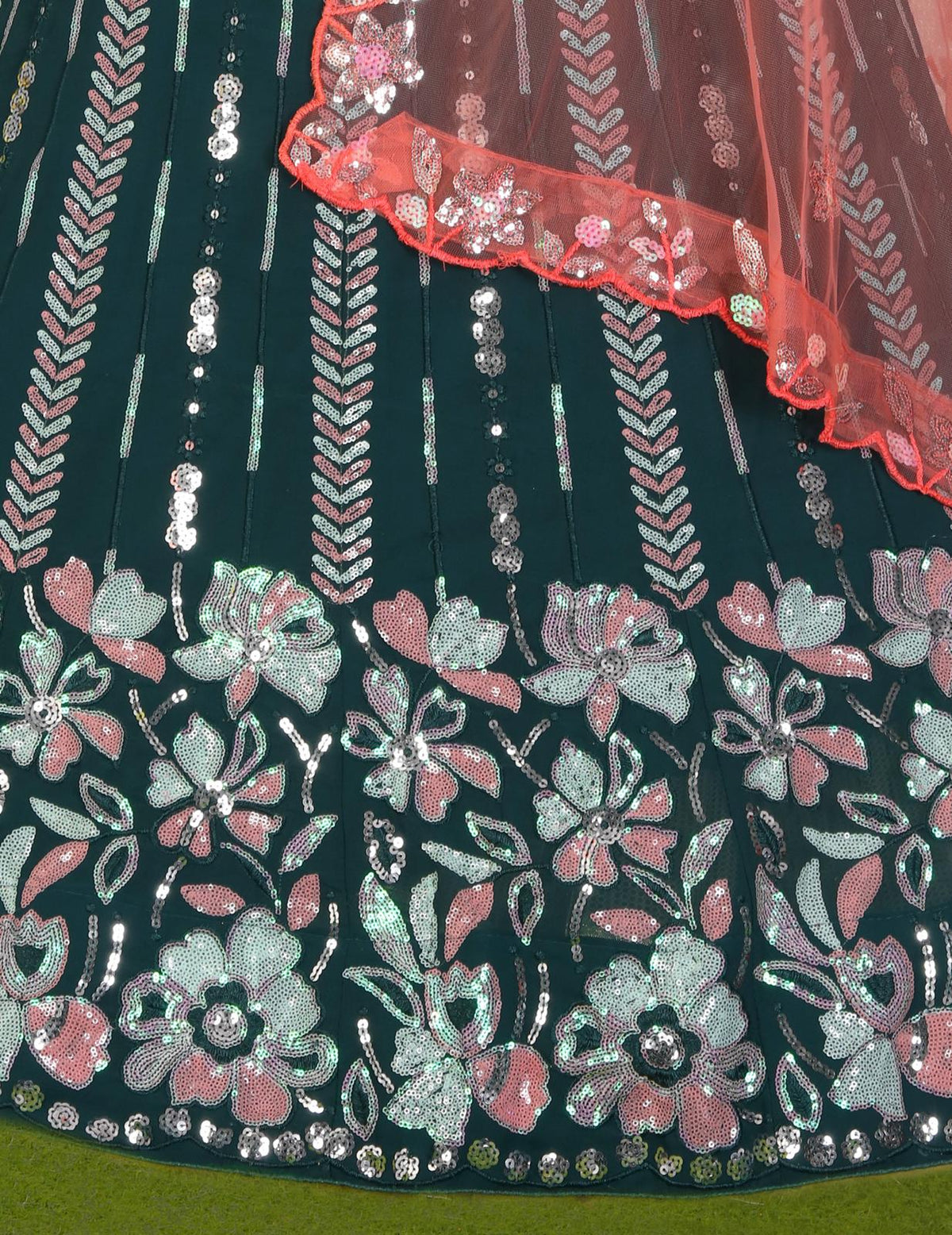 Embroidered Dark Green Silk Flared Style Lehenga in Germany