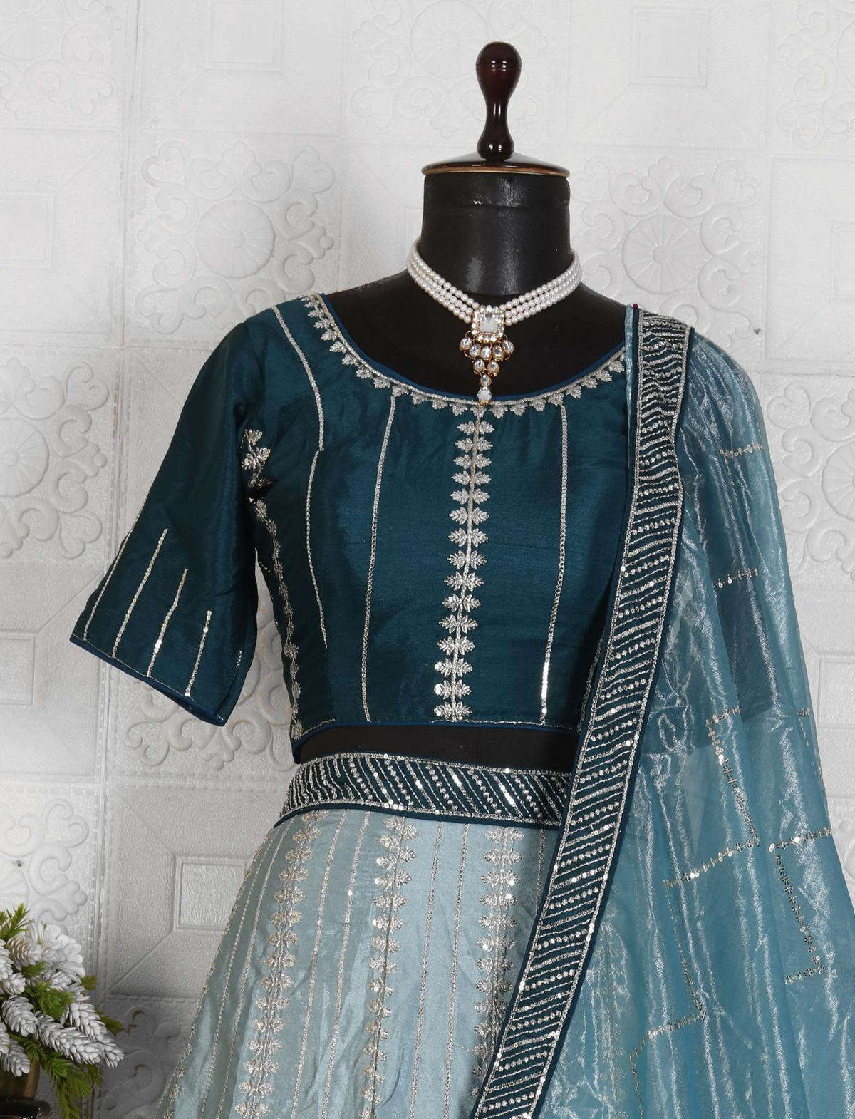 Blue Sequins Embroidered Satin Lehenga Choli in Munich Namma Markt