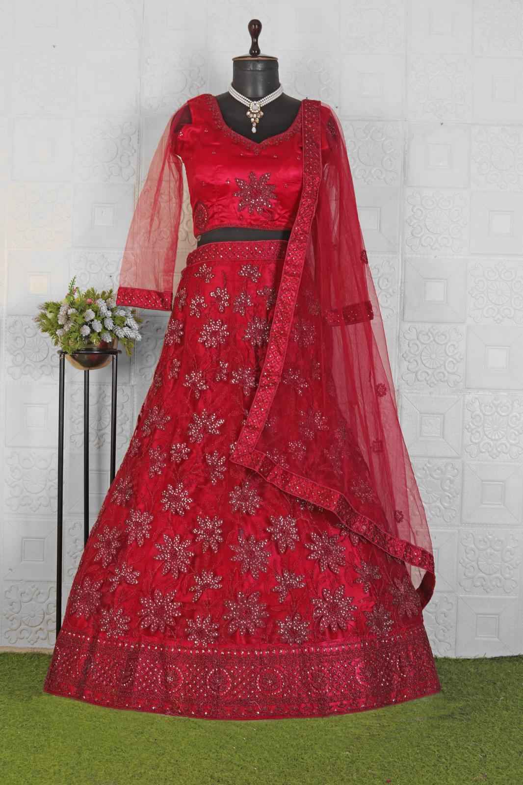 Red Net Embroidered Lehenga Choli in Germany
