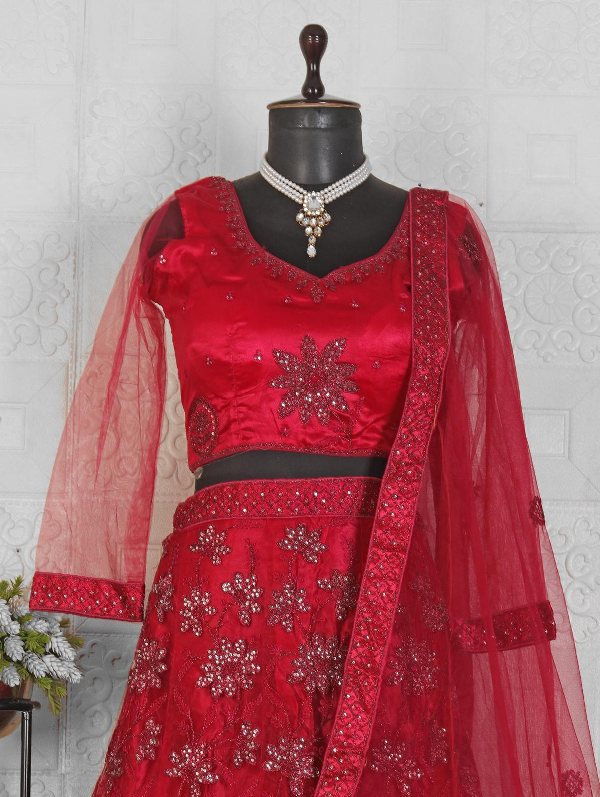Red Net Embroidered Lehenga Choli in Germany