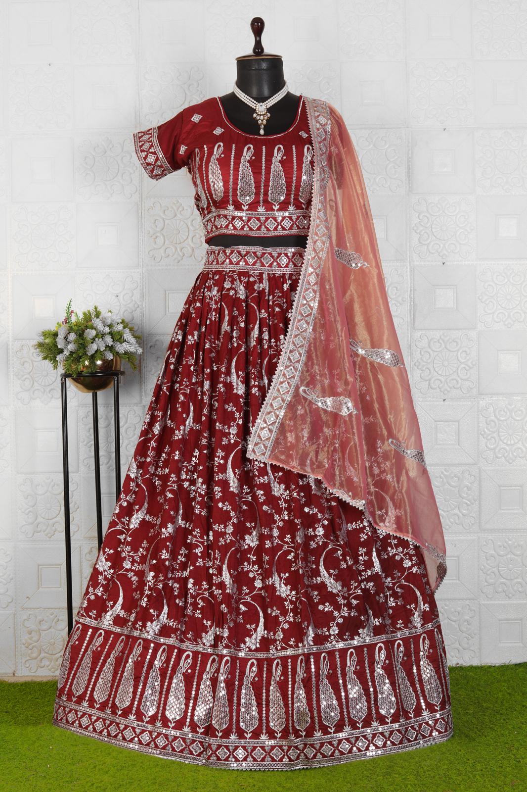 MAROON COLOR PURE VISCOSE JACQUARD LEHENGA CHOLI in Germany