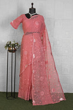 Pink Organic Chiffon Embroidered Saree Set