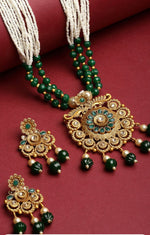 Gold-Plated Green & White Stone-Studded & Pearl-Beaded Jewellery Set Germany