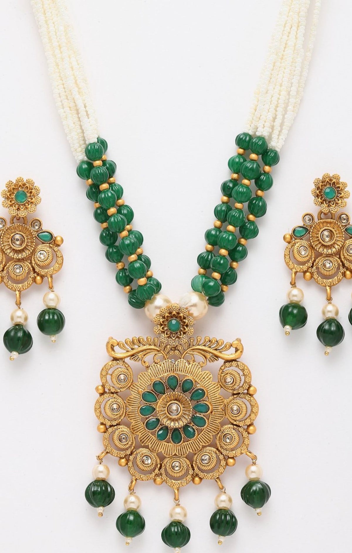 Gold-Plated Green & White Stone-Studded & Pearl-Beaded Jewellery Set Germany