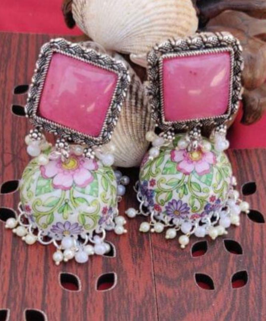 Handpainted Meenakari Work Silver Plated Mogra Fitted Pearl Earring in Germany