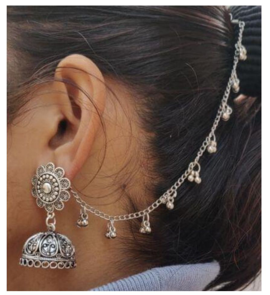 German Silver Single Line Ghunghru Earchain Stud Jhumki in Munich