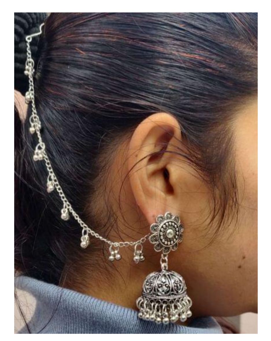 German Silver Single Line Ghunghru Earchain Stud Jhumki in Germany