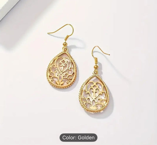 Hollow Golden Flower Pattern Teardrop Dangle Earrings in Germany