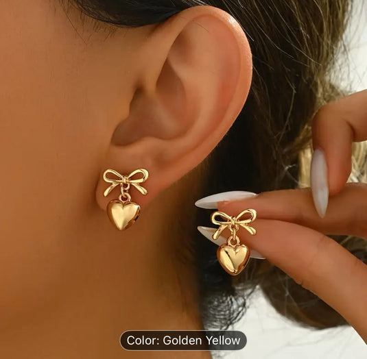 Gold Plated Anti-Tarnish Cute Bow with heart dangler Stainless Steel Earrings in Berlin